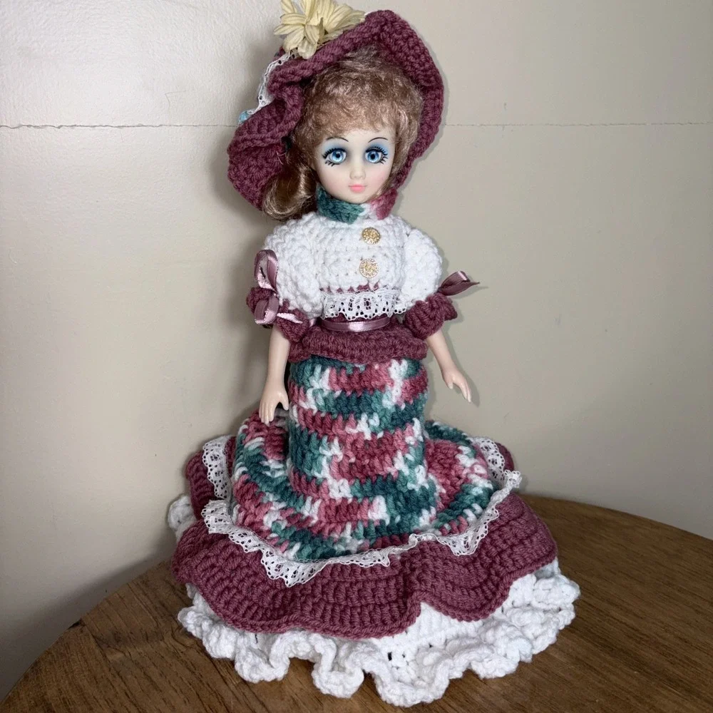 Vintage Crochet Doll Handmade Mauve Multicolor Dress